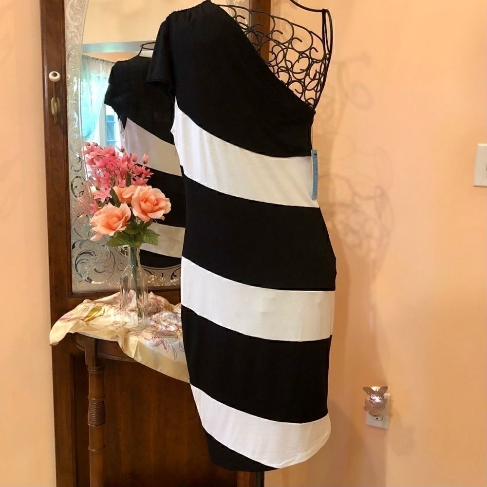 ALICE + OLIVIA BLK/WHT STRIPE SHOULDER DRESS S NWT - Picture 11 of 14